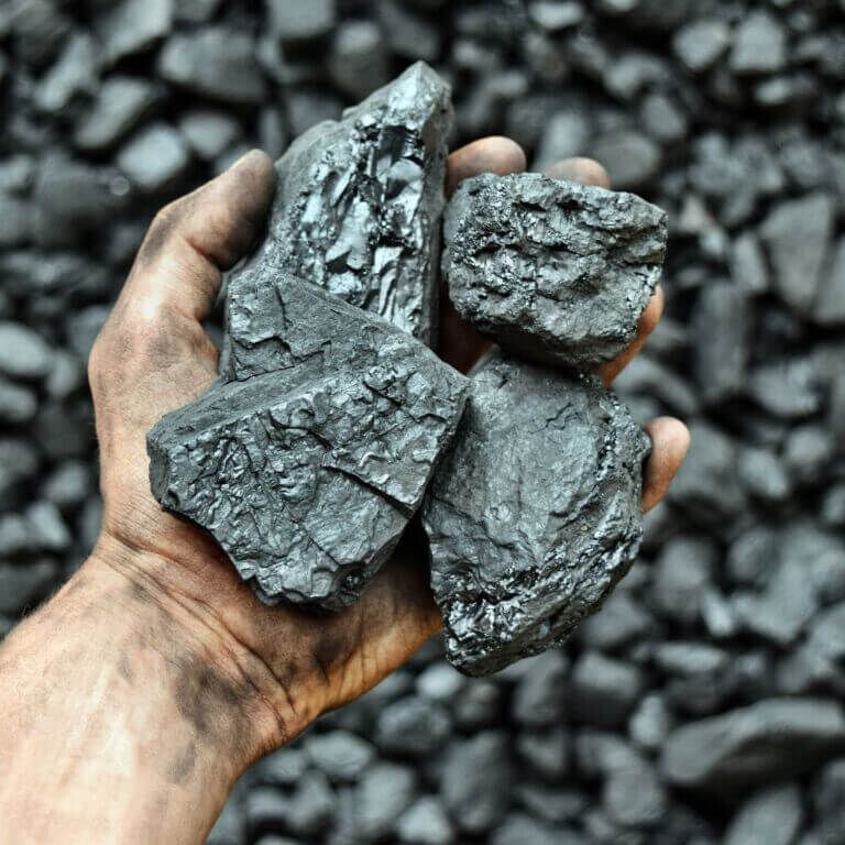 Hand of the miner shows coal in mine