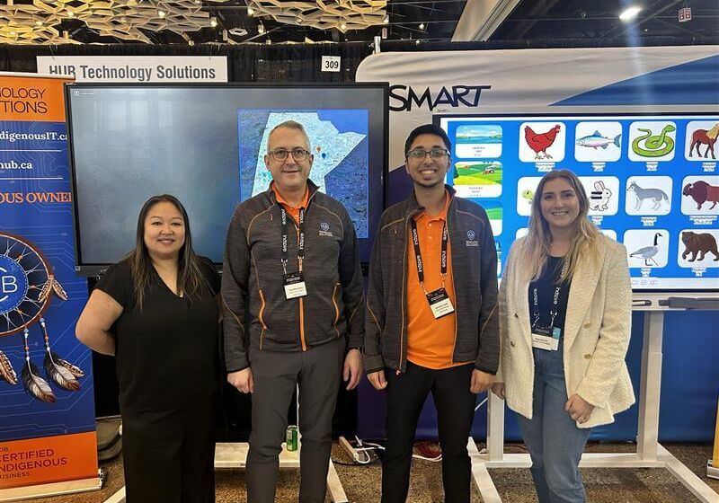 HUB technology solutions team standing in front of a SMART Board.